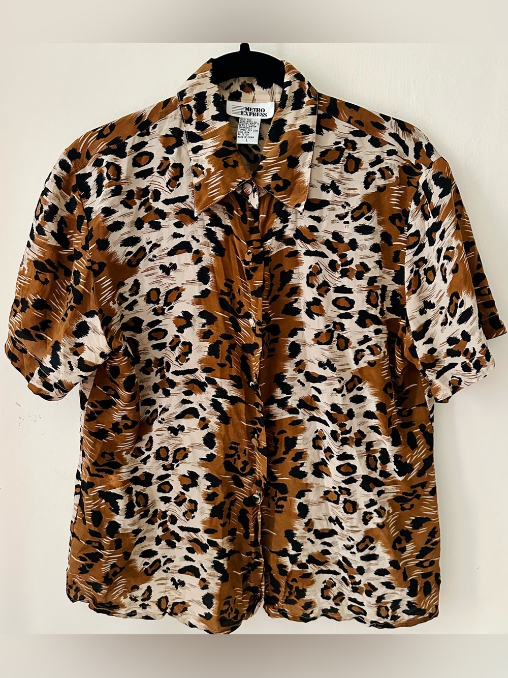 Vintage Leopard Print Silk Shirt Button Up Short Sleeve Top Womens Size Large